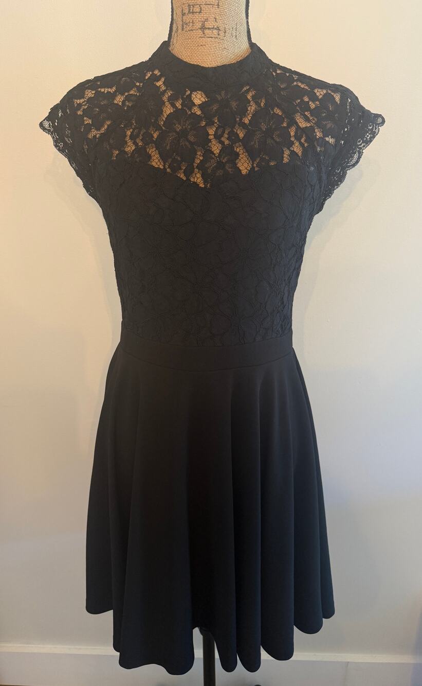 Jun & Ivy Women's Black Floral Lace Backless Pleated Fit & Flare Dress Large